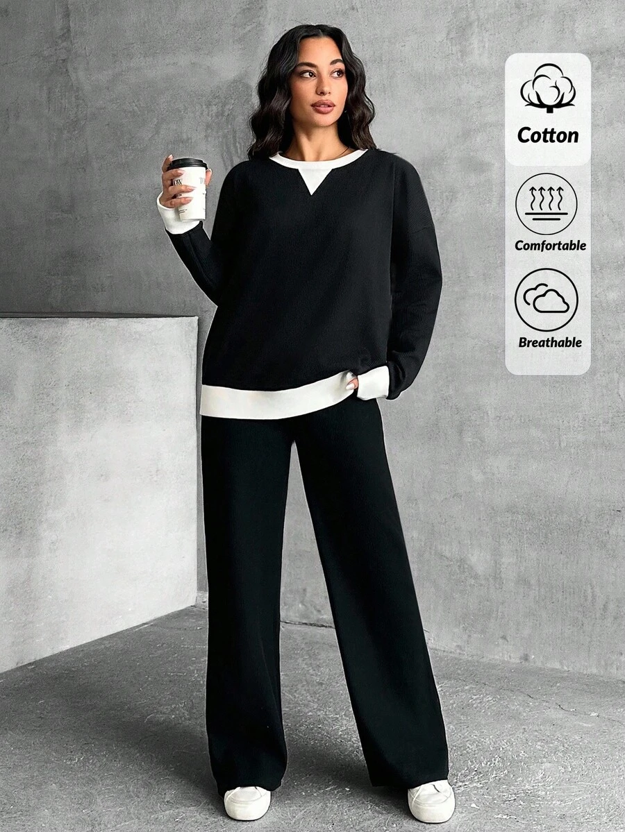 EURMUSE 2 Pcs, Women Sweatshirts & Pants - Black - View 1