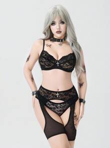 ROMWE Goth Conjunto de lencería sexy que incluye sostén con aros, tanga y portaligas de encaje gótico - Negro - Ver 3