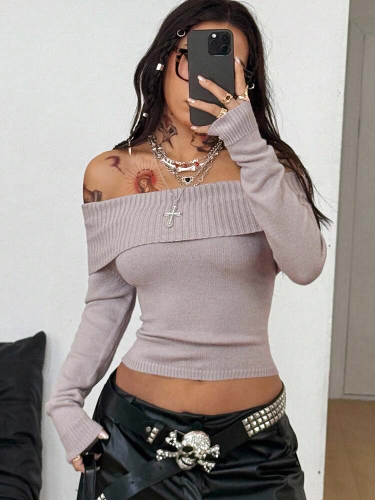 Coolane 女士秋季狂欢节外出文艺复兴博览会 Y2K 复古弹力法式灰色露肩毛衣 - 淺灰色 - 查看 2