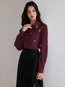 Heiryn Women's Elegant Commuter Rhinestone Decorated Blouse,Red Top - Burgundy - View 4