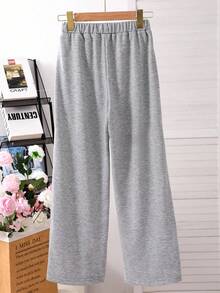 Tween Girls' Elastic Waist Solid Color Loose Straight Leg Rhinestone Embellished Casual Sweatpants Fall Winter