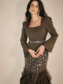 Anewsta Váy dạ hội đuôi cá dài đính hạt thanh lịch, váy dạ hội cao cấp cho mùa thu, đông, năm mới, tiệc tùng, đám cưới - màu nâu - Xem 7