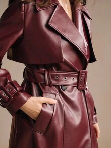 Anewsta Women's Fashionable Solid Color PU Leather Wide Lapel Loose Belted Long Leather Jacket, Suitable For Christmas And New Year Outings - Burgundy - View 5