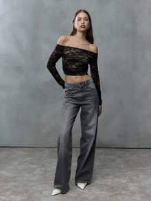 TypaGal Sheer Black Lace And An Off-Shoulder Neckline Create This Flirty Crop Top. Channel Punk Or 2000s Vibes By Pairing It With Distressed Denim Or A Mini Skirt For A Bold Night-Out Look. - Black - View 5