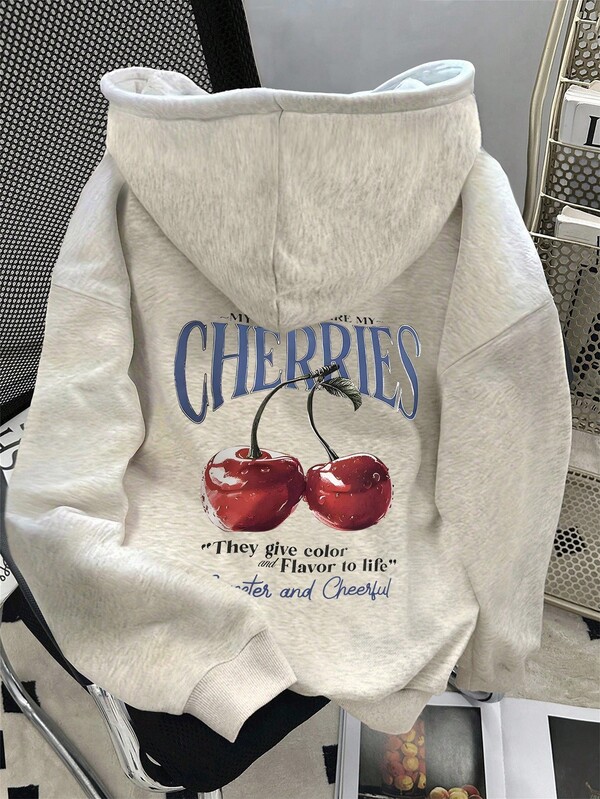 SHEIN Women's Drop Shoulder Letter & Cherry Print Long Sleeve Sweatshirt Fall Cloth For Women