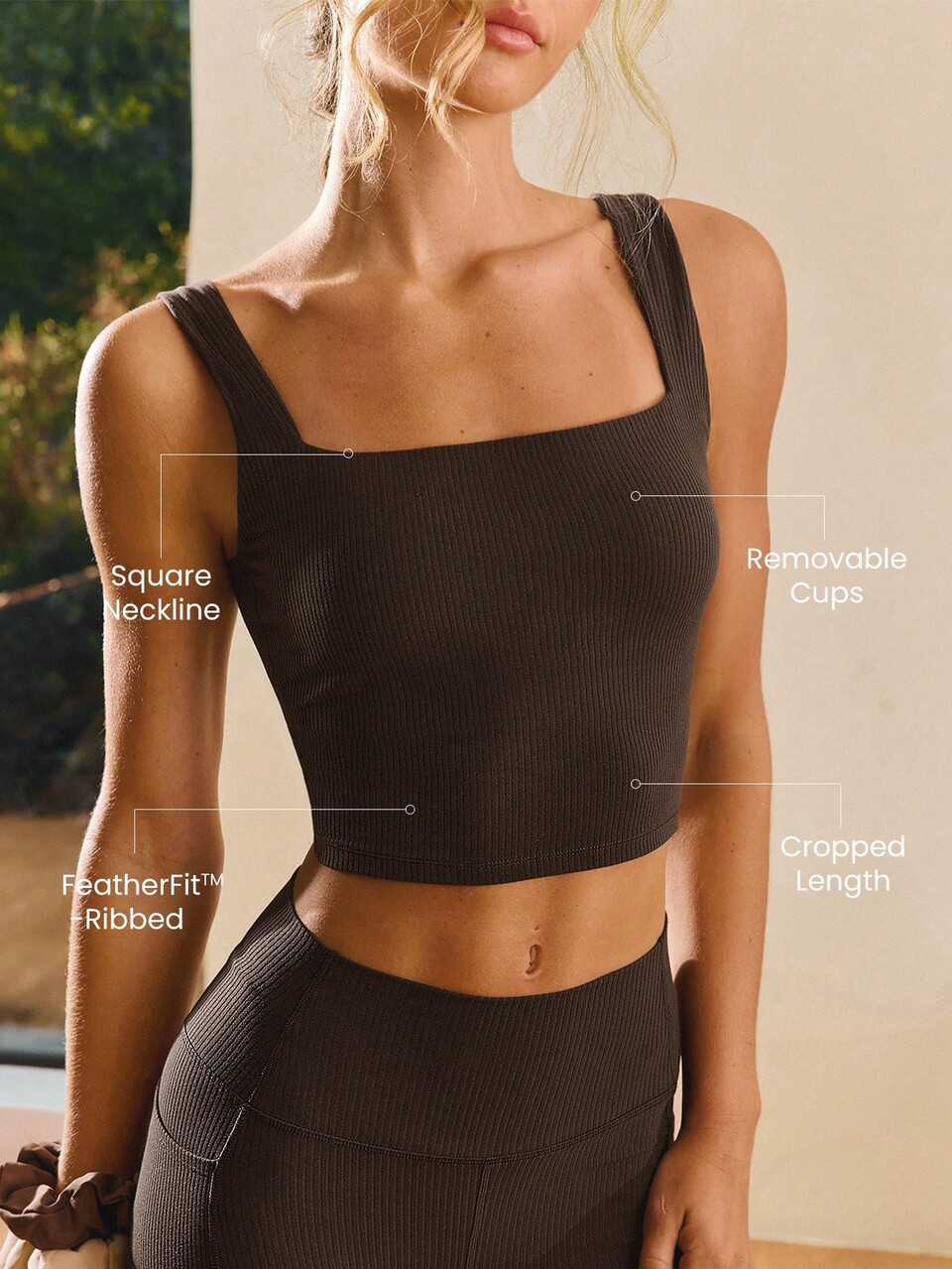 FeatherFit™ Ribbed Flex Soft Square Neck Sports Bra Low Impact Yoga Pilates Studio Daily Casual Wear Removable Cups Spring Summer