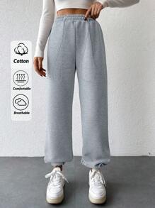 SHEIN Cottnline Ladies' Solid Color Drawstring Waist Sweatpants - Light Grey - View 1