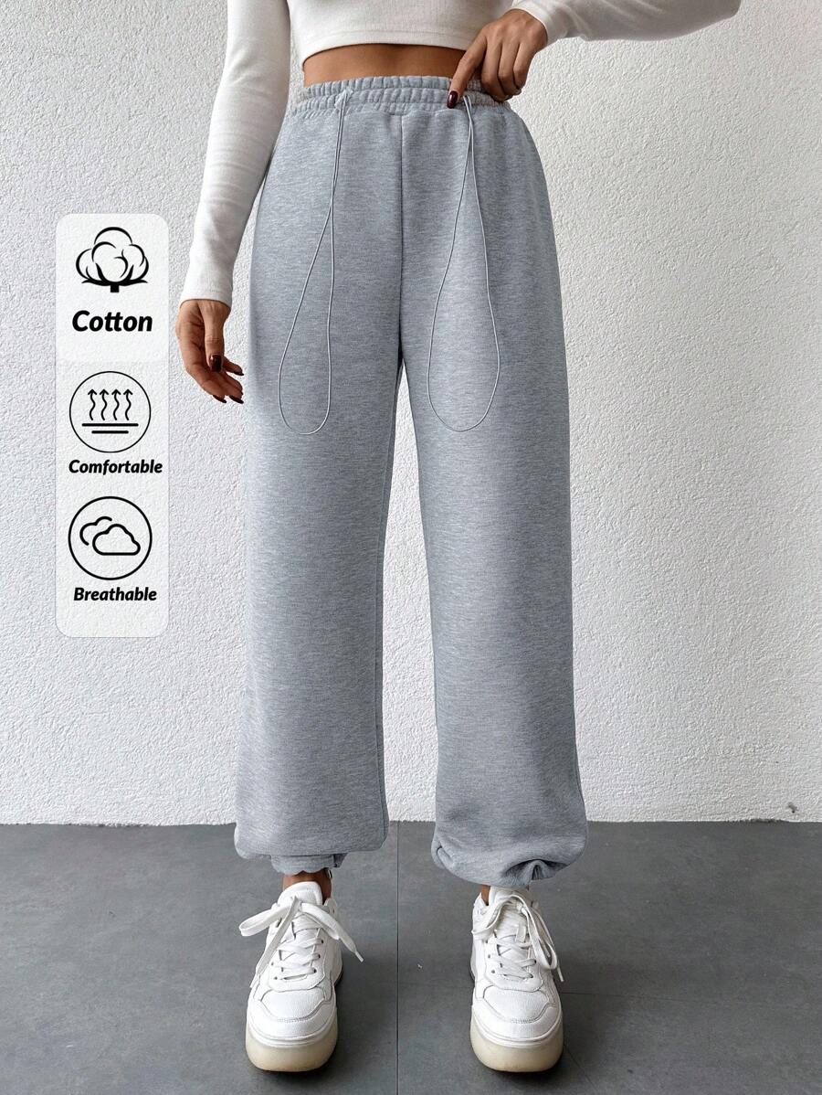 SHEIN Cottnline Ladies' Solid Color Drawstring Waist Sweatpants - Light Grey - View 1