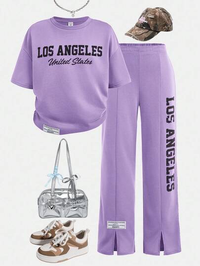 SHEIN Girlism 2件套青少年女童宽松休闲字母印花装饰腰带阔腿裤套装