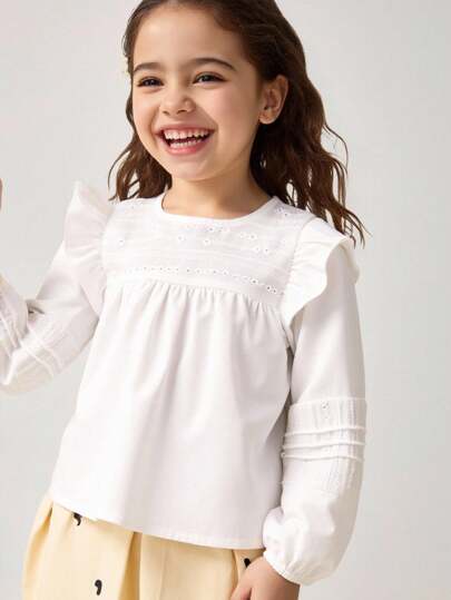 Maija Kids Maija Kids Young Girl Plain Round Neck Ruffle Puff Sleeve Blouse Little Girls White Blouse White Tops For Girls Girls Long Sleeve White Blouse Girls White Tops