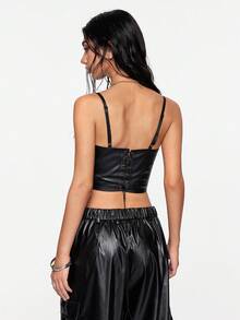 ROMWE Street Life Top ajustado de contraste de color con diseño asimétrico y cordones de encaje sexy para mujeres - Negro - Ver 5