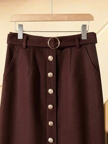 Franclia Women's Elegant Autumn/Winter Commuter Straight Wool Skirt With Metal Decor Buttons And Front Center Slit - Brown - View 8