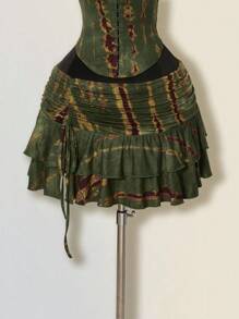 SHEIN ICON 女士扎染两件套，嬉皮风格扎染低胸超迷你裙，两件超低腰套装 - 軍綠色 - 查看 5