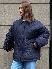 DAZY 女士纯色宽松长袖口袋翻领绗缝休闲加厚秋冬棉服外套 - 藍色 - 查看 7