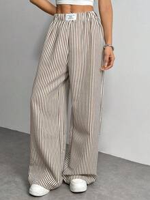 SHEIN PETITE 女士字母条纹宽腿宽松休闲裤