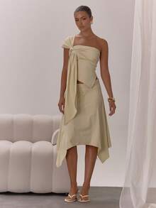 MUSERA 单肩垂褶交叉前襟不对称下摆修身上衣，优雅性感，适合夜晚外出、度假、秋季叠穿、冬季派对、圣诞节等场合，尽显优雅假日风情，舒适百搭。 - 杏色 - 查看 3