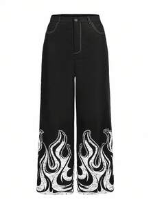 Y2Kool Studio Chunk 黑色、水钻、火焰、街头风、性感、Y2K、暗黑系、休闲宽松女裤，适合夏季、秋季、派对、聚会、度假、日常穿着。哥特风裤子、Emo风裤子、火焰裤、阔腿裤、喇叭裤，搭配灵感派对裤，时尚服装系列，新年穿搭。 - 黑色 - 查看 5