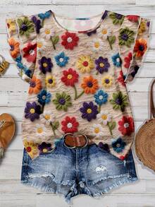 EMERY ROSE 大码女装日常休闲优雅复古假日风格热带仿羊毛花卉复古图案圆领双层盖袖宽松衬衫，女式夏装 - 彩色 - 查看 1