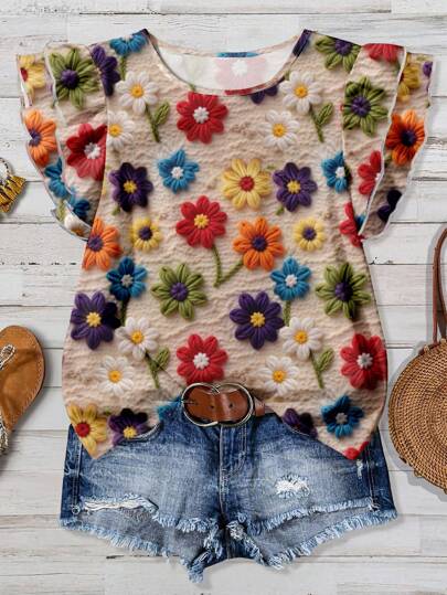 EMERY ROSE Plus Size Women's Daily Casual Elegant Retro Holiday Style Tropical Imitation Wool Floral Retro Pattern Round Neck Double Layer Cap Sleeve Loose Shirt, Women's Summer Clothes Chic Blouses For Women