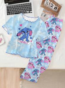 Tween Girls 2pcs Pajama Set, Cute Blue Rabbit Print Blue T-Shirt With Contrast Frill Trim, Matching Loose Rabbit Print Pants With Ruffle Hem, Spring/Autumn Loungewear Cute Pajama Set Girls - Blue - View 1