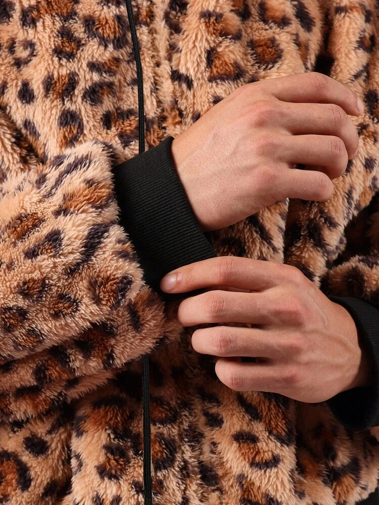 Faux Fur Leopard Print Cropped Jacket With Zip Closure