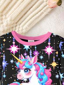 2 件套幼儿女童可爱独角兽印花彩色星星亮灯圆领针织睡衣套装，舒适休闲紧身长袖上衣和裤子，黑色 - 彩色 - 查看 6