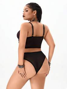 ROMWE Goth Plus Size Gothic Spider Web Underwire Bra & Panty Sexy Lingerie Set