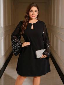 Reflora 大码女式优雅水钻连衣裙，适合秋冬季穿着 - 黑色 - 查看 5