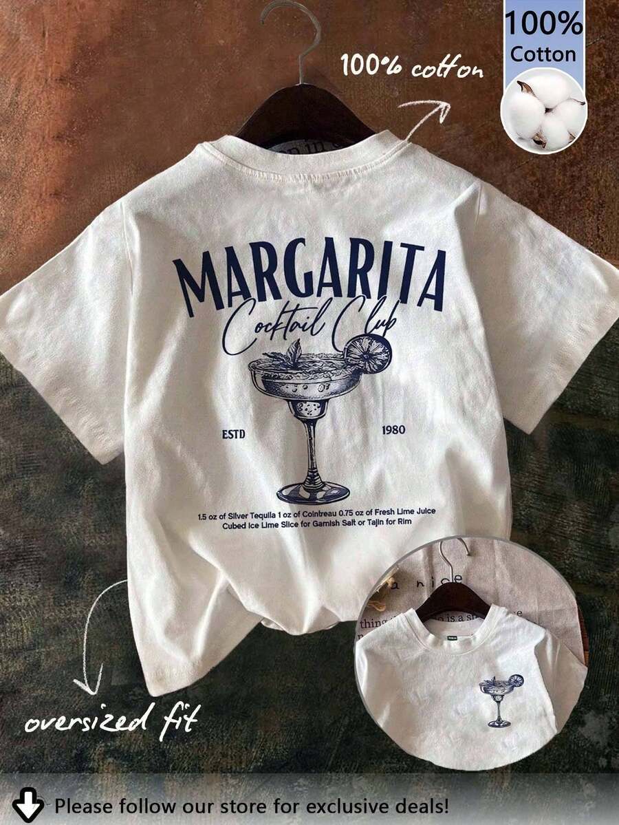 Tseoso Casual Crew Neck Retro Cocktail English Print Fitted Women T-Shirt, Suitable For Summer, Airport, And Street Wear - White - View 1