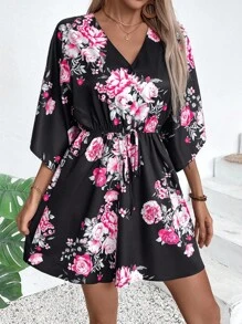Breezaya Women's Simple Daily V-Neck Random Printed Dress Vacation Beach Outfit - Black - View 7