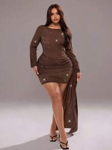 Rustia Plus Size Women's Solid Color Round Neck Long Sleeve Ruched Patchwork Tie Waist Elegant Dress Fall Cloth For Women - Brown - View 6