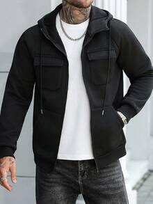 Manfinity Homme Men's Solid Color Long Sleeve Utility Pocket Zip Front Drawstring Zip Up Black Hoodie Sweatshirt, Casual For Autumn - Black - View 7