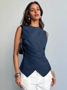 Aloruh 女士优雅通勤修身交叉腰纯色海军蓝衬衫 - 藏蓝色 - 查看 3