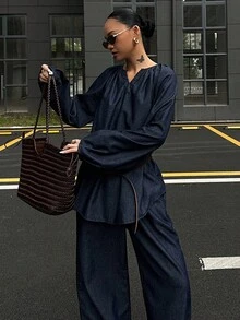 DAZY 秋冬新款宽松休闲复古风女装V领灯笼袖上衣和牛仔裤套装 - 藍色 - 查看 6