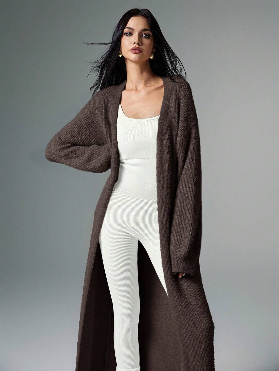 Poéselle Cárdigan de peluche extra largo, cárdigan de punto casual de unicolor para mujer, atuendos de mujer para otoño, ropa de mujer para invierno, suéteres de mujer, tela suave y cómoda, cálida, de estilo simple y elegante, adecuada para uso diario, ir y venir, uso en casa, cárdigan holgado de mujer casual de invierno, cárdigan largo casual de uso diario, cárdigan tipo bata largo para mujer