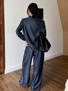 DAZY Women's Casual Loose Shirt And Wide Leg Jeans Suit, Autumn - Navy Blue - View 2