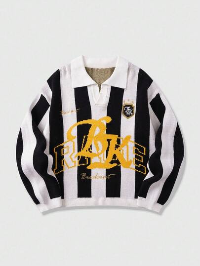 Prep Suéter holgado de punto jacquard con letras y rayas para hombres, para el otoño