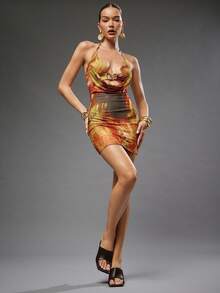 Hauture Damen Partykleid für Nachtausgänge, sexy Cowl-Ausschnitt mit goldenem Ornament-Detail und abstraktem Muster, Minikleid - Verschiedenfarbig - Übersicht 3