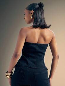 无肩带纽扣前束腰牛仔抹胸 - 黑色 - 查看 5