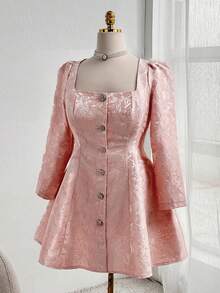 Flirla Vestido de talla grande con cuello cuadrado elegante, estampado jacquard y botones delanteros - Rosa vieja - Ver 3
