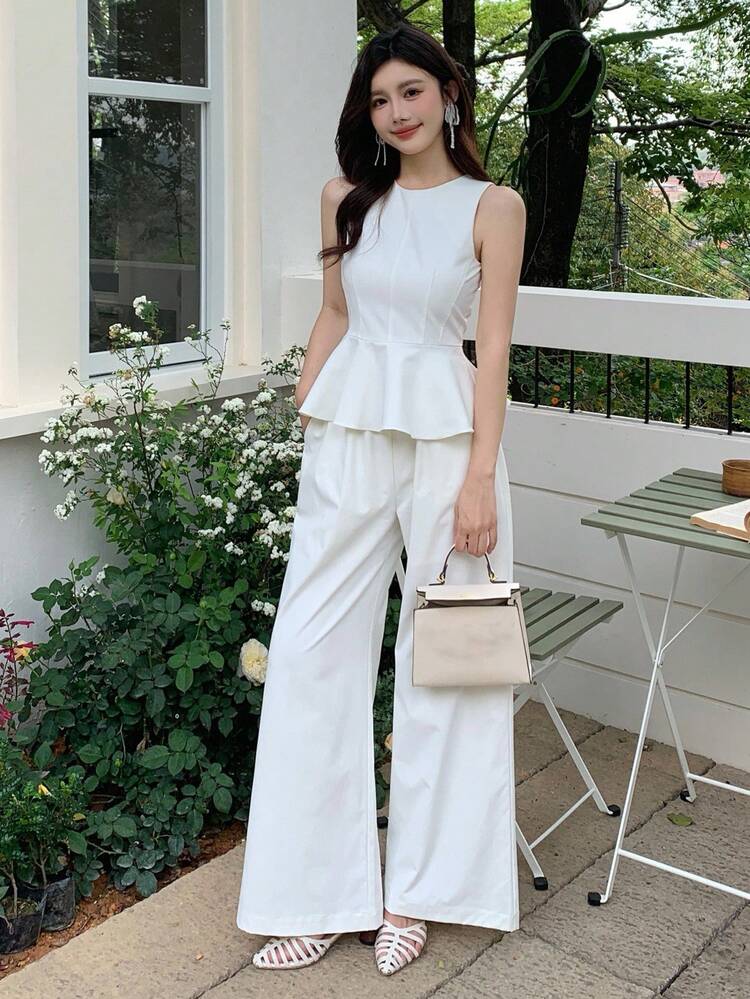 2pcs Women Crew Neck Sleeveless Tank Top With Ruffle Hem, Solid Color Long Vest For Summer