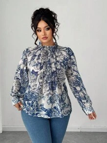 Elenzga 女士加大码纯色领休闲衬衫，时尚日常穿着 - 藍色 - 查看 4