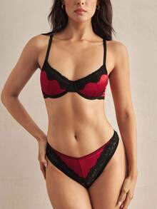 Charlaine 2pcs Wine Red & Black Satin Lace Patchwork Contrast Color 3/4 Cup Bra Set, Casual & Office Wear - Burgundy - View 6