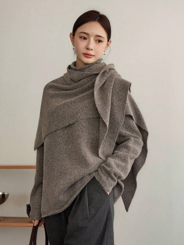 Women's Loose Business Casual Poncho Style Knit Sweater Set, Suitable For Office Wear In Autumn And Winter