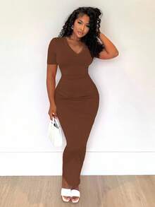 Alexandranx Summer;Women's Solid V-Neck Bodycon Short Sleeve Dresshoco Dresses