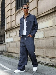 PAVTROS Manfinity Streetrush 男士休闲街头风格长袖衬衫和裤子套装男士海军蓝两件套，秋季服装 - 藏蓝色 - 查看 4