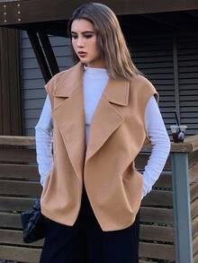 DAZY Damen lässiger einfarbiger locker sitzender ärmellose Wollmantel, Jacke/Weste für Herbst/Winter - Khaki - Übersicht 7