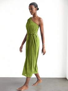 Maija Casual Solid Color Asymmetric Twist Ruched Fitted Maxi Dress, Suitable For Beach, Resort, Music Festival, Wedding Guest, Brunch, Boho Style, Women's Birthday Outfit, Elegant Autumn Dress