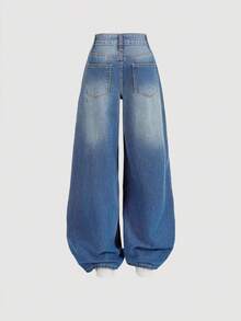 SHEIN MOD 女式前扣口袋休闲宽松蓝色牛仔裤