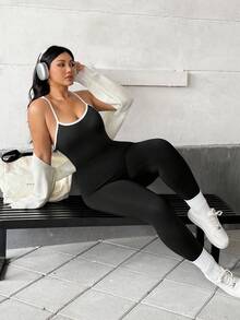 Auralis 大码女式连体裤，黑色紧身裤，女式健身瑜伽裤，秋冬基础款，健身服，女式紧身裤， - 黑色 - 查看 6